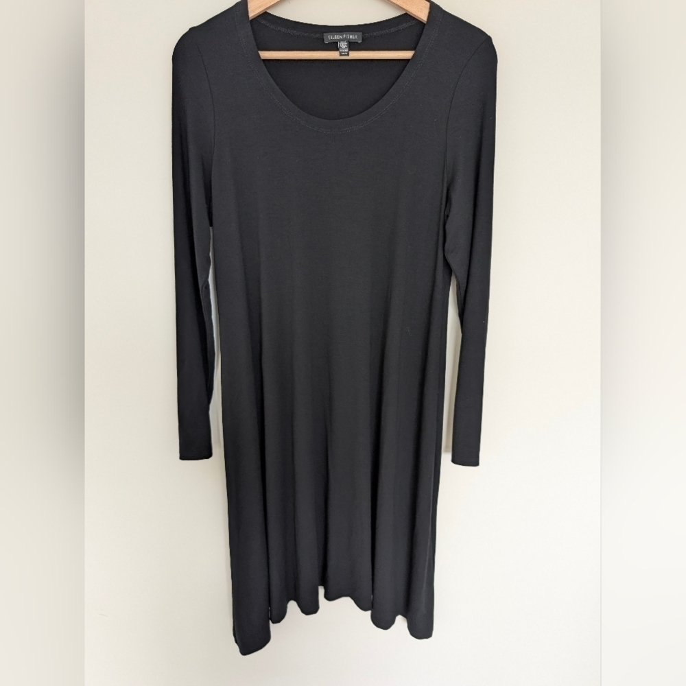 Eileen Fisher Long Sleeve Midi Dress Medium Minimalist Lagenlook Curved Hem